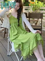 Lunivop Summer Green Designer Kawaii Dress Women Korean Style Elegant Beach Female Backless Vintage