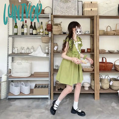 Lunivop Summer Green Kawaii Lolita Dress Women Bow Designer Party Mini Female Casual Korean Fashion