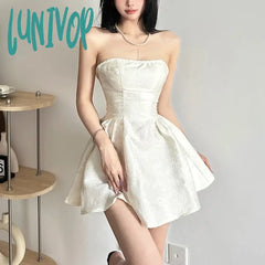Lunivop Summer Harajuku Strapless Dress Solid Casual A-Line High Waist Loose Printing Slash Neck