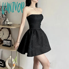 Lunivop Summer Harajuku Strapless Dress Solid Casual A-Line High Waist Loose Printing Slash Neck