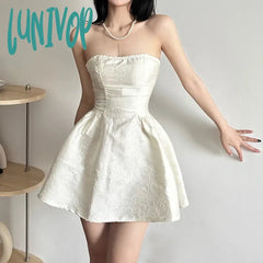 Lunivop Summer Harajuku Strapless Dress Solid Casual A-Line High Waist Loose Printing Slash Neck