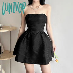 Lunivop Summer Harajuku Strapless Dress Solid Casual A-Line High Waist Loose Printing Slash Neck