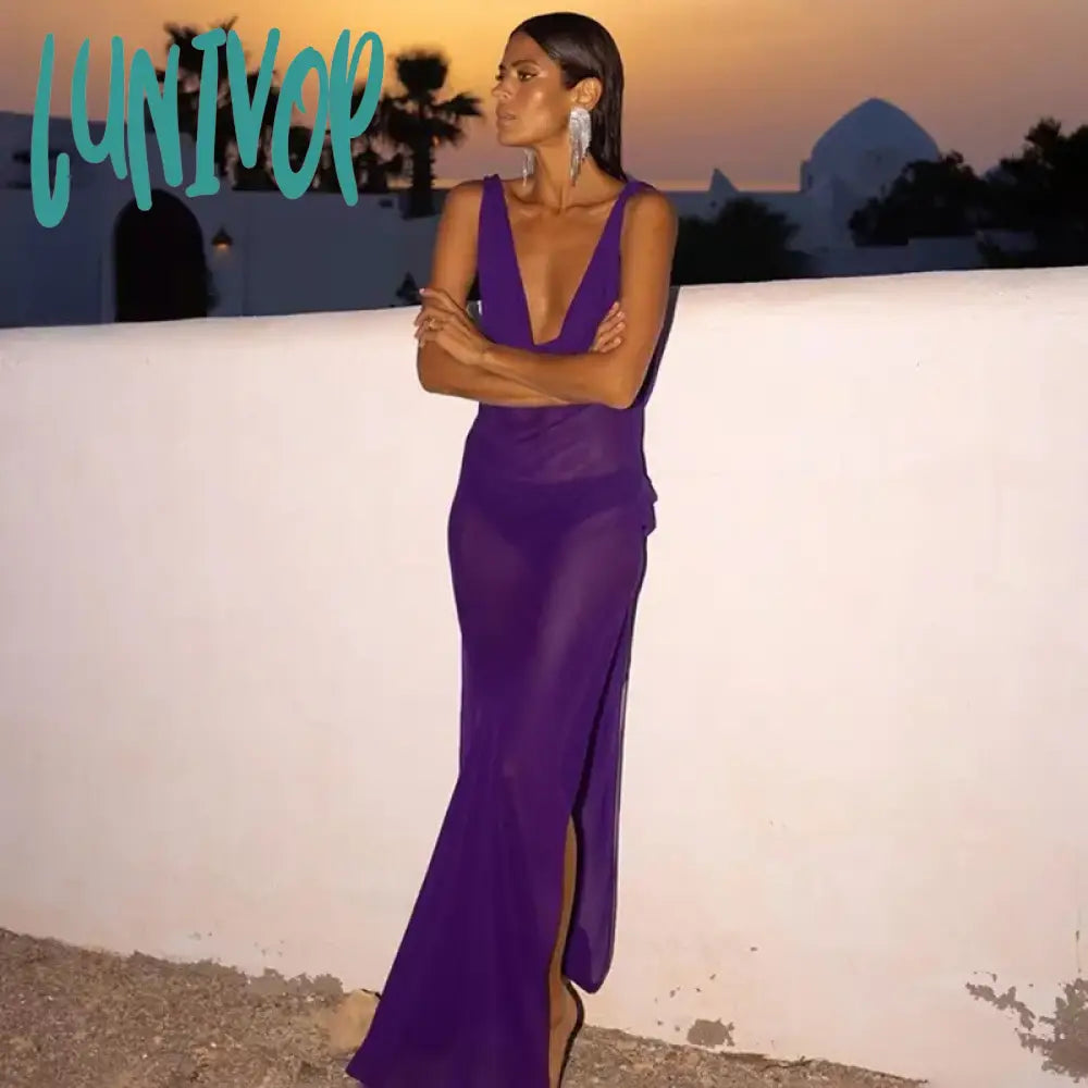 Lunivop Summer Holiday Beachwear Mesh See Through Maxi Dress Outfits For Women Sexy Backless