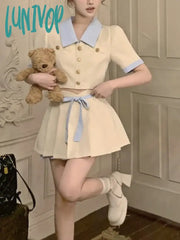 Lunivop Summer Kawaii Elegant Two Piece Set Women Korean Fashion Party Mini Skirt Female Bow Casual