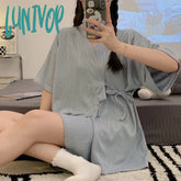 Lunivop Summer Kimono Pajamas Set For Women Solid Casual Home Clothes Short Sleeve Nightwear 2