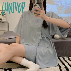 Lunivop Summer Kimono Pajamas Set For Women Solid Casual Home Clothes Short Sleeve Nightwear 2