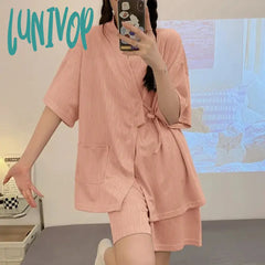 Lunivop Summer Kimono Pajamas Set For Women Solid Casual Home Clothes Short Sleeve Nightwear 2