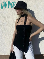 Lunivop Summer Knit Strapless White Tops Women Sexy Asymmetrical Split Black Tanks High Street Tops