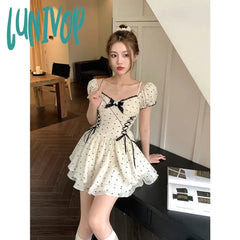 Lunivop Summer Korean Fashion Lace Fairy Dress Women Square Collar Princess Kawaii Floral Print