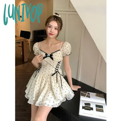 Lunivop Summer Korean Fashion Lace Fairy Dress Women Square Collar Princess Kawaii Floral Print