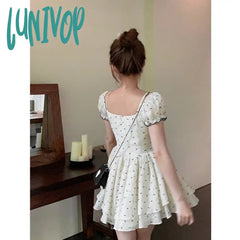 Lunivop Summer Korean Fashion Lace Fairy Dress Women Square Collar Princess Kawaii Floral Print