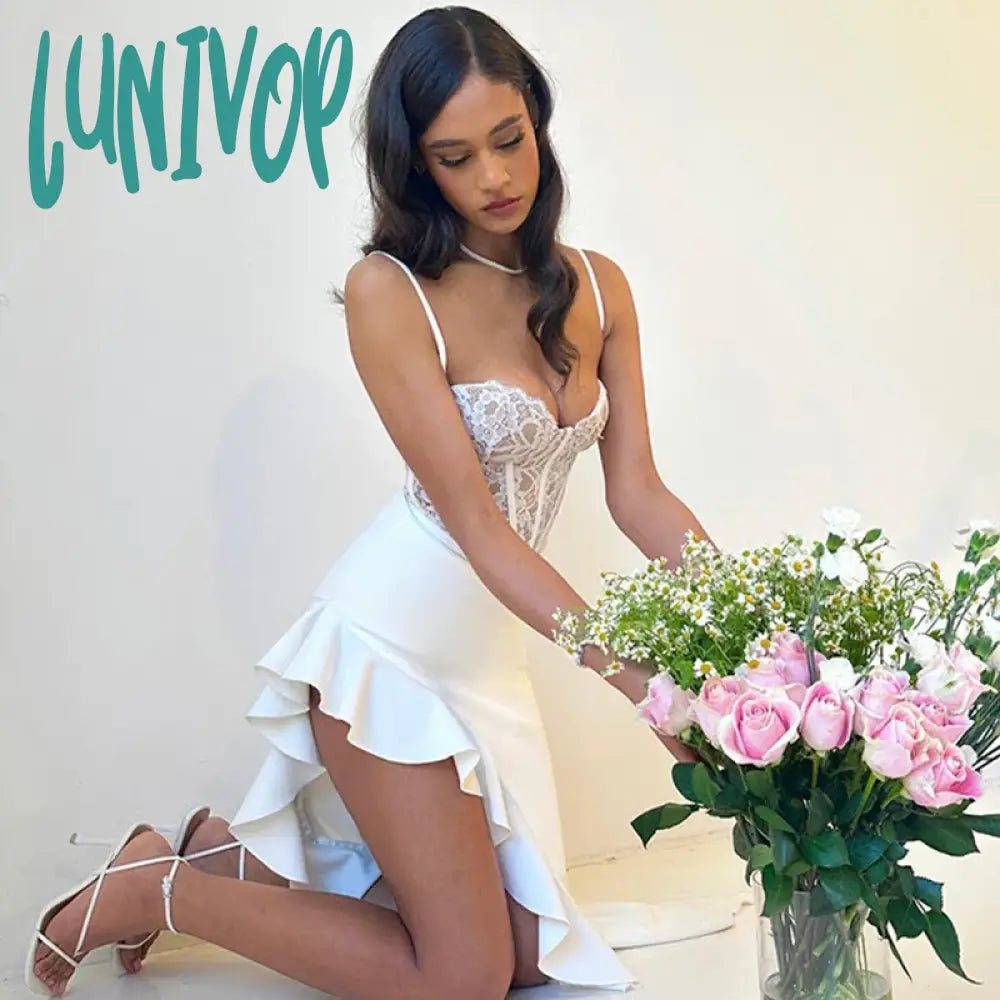 Lunivop Summer Lace Corset Splice Ruffle Slit Maxi Dresses Party Club Elegant Birthday Sexy