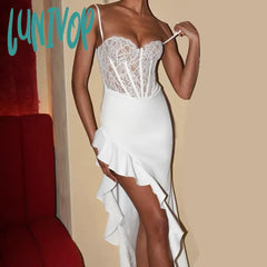 Lunivop Summer Lace Corset Splice Ruffle Slit Maxi Dresses Party Club Elegant Birthday Sexy