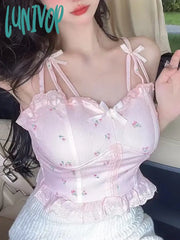Lunivop Summer Lace Kawaii Strap Vest Women Slim Bow Japanese Sweet Cute Female Korean Fashion