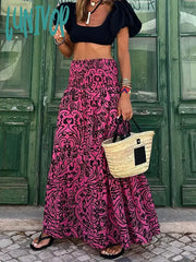 Lunivop Summer Long Skirts Women Boho Print Skirt Female Floral Beach Maxi Ladies Loose Elastic