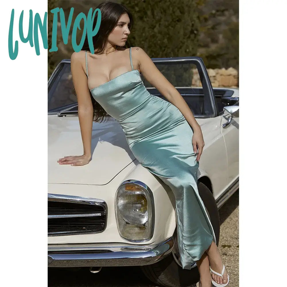Lunivop Summer Maxi Satin Prom Dress Stretchy Green Spaghetti Strap Slim Celebrity Evening Party