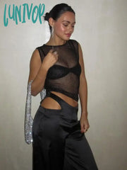 Lunivop Summer Mesh See Though Bright Silk Black Women Tops Sexy O-Neck Sleeveless Short Y2K