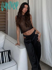 Lunivop Summer Mesh See Though Bright Silk Black Women Tops Sexy O-Neck Sleeveless Short Y2K