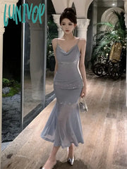 Lunivop Summer Midi Fashion Resort Halter V Neck Sparkly Dresses Sexy Party Women’s Elegant Tank
