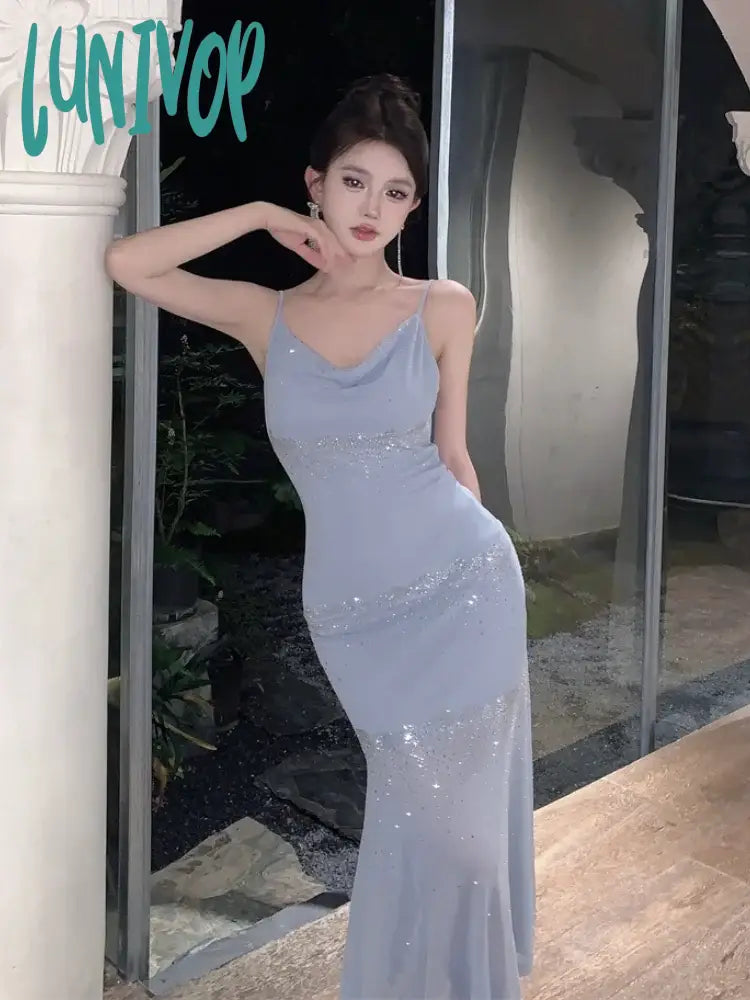 Lunivop Summer Midi Fashion Resort Halter V Neck Sparkly Dresses Sexy Party Women’s Elegant Tank