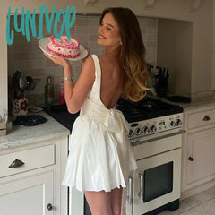Lunivop Summer Mini Backless A Line Dress Sexy White Big Bow Cotton Casual Women Birthday Holiday
