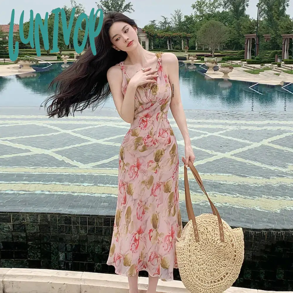 Lunivop Summer New Fashion Retro Chiffon Printed V-Neck Elegant Temperament Mid-Length Holiday