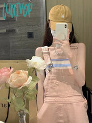 Lunivop Summer New Korean Ins Light-Colored Denim Overalls Women’s Casual High Waist Straight