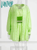 Lunivop Summer New Long Sleeve Shirt Suit Loose Wrinkle Lantern Tube Top High Waist Shorts Three