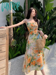 Lunivop Summer New Midi Spaghetti Strap Dresses Women Floral Print Dress Elegant And Chic With