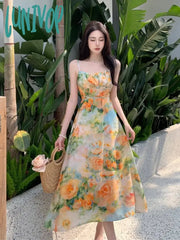 Lunivop Summer New Midi Spaghetti Strap Dresses Women Floral Print Dress Elegant And Chic With