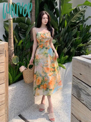 Lunivop Summer New Midi Spaghetti Strap Dresses Women Floral Print Dress Elegant And Chic With
