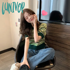 Lunivop Summer New O Neck Knitting Pullover Top Women Short Sleeve Casual Fashion Simple Tees