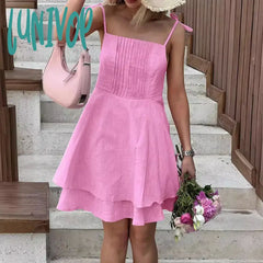 Lunivop Summer New Square Collar Slip Dress Lace Up Backless Sexy For Women A-Line Patchwork