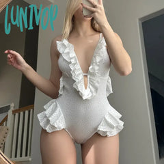 Lunivop Summer New White Body Suit One Piece Swimsuit Bikini For Women Sexy Deep V-Neck Backless
