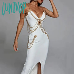 Lunivop Summer New Women Black Chain Spaghetti Strap V-Neck Split Bandage Dress Bodycon Celebrity