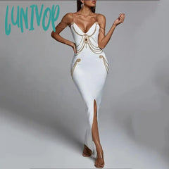 Lunivop Summer New Women Black Chain Spaghetti Strap V-Neck Split Bandage Dress Bodycon Celebrity