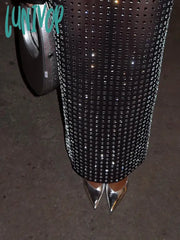 Lunivop Summer New Women Black Diamonds Midi Bodycon Skirt Designer High Waist Party Office Lady