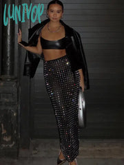 Lunivop Summer New Women Black Diamonds Midi Bodycon Skirt Designer High Waist Party Office Lady