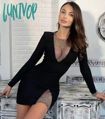 Lunivop Summer New Women Sexy V-Neck Mesh Diamond Long Sleeve Bodycon Bandage Dress Fashion Evening