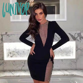 Lunivop Summer New Women Sexy V-Neck Mesh Diamond Long Sleeve Bodycon Bandage Dress Fashion Evening