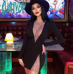 Lunivop Summer New Women Sexy V-Neck Mesh Diamond Long Sleeve Bodycon Bandage Dress Fashion Evening