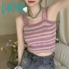 Lunivop Summer New Women’s Contrast Color Hemming Sling Vest Fashion Short Colour Stripe Tank