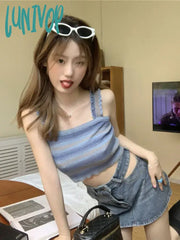 Lunivop Summer New Women’s Contrast Color Hemming Sling Vest Fashion Short Colour Stripe Tank