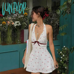 summer outfits inspo INS Style 2024 Summer New Sweet and Spicy Deep V Breasted Backless Cherry Print Waist-Tight Halter Dress Women