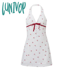 summer outfits inspo INS Style 2024 Summer New Sweet and Spicy Deep V Breasted Backless Cherry Print Waist-Tight Halter Dress Women