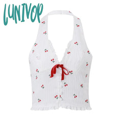 summer outfits inspo Women's Clothing 2024 Summer New Fashion Elegant Sexy V-neck Halter Cherry Printed Wooden Ear Vest