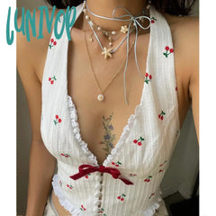 summer outfits inspo Women's Clothing 2024 Summer New Fashion Elegant Sexy V-neck Halter Cherry Printed Wooden Ear Vest