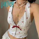 summer outfits inspo Women's Clothing 2024 Summer New Fashion Elegant Sexy V-neck Halter Cherry Printed Wooden Ear Vest