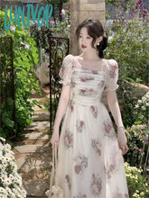 Lunivop Summer Party Fairy Dress Vintage Women Printed Floral Midi Office Lady Short Sleeve Elegant