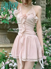 Lunivop Summer Pink Elegant Kawaii Dress Women Chiffon Korean Fashion Party Mini Female Sexy Casual